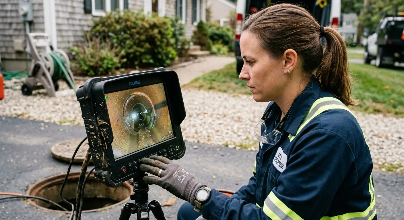 Technician reviewing sewer camera inspection footage in Paramount