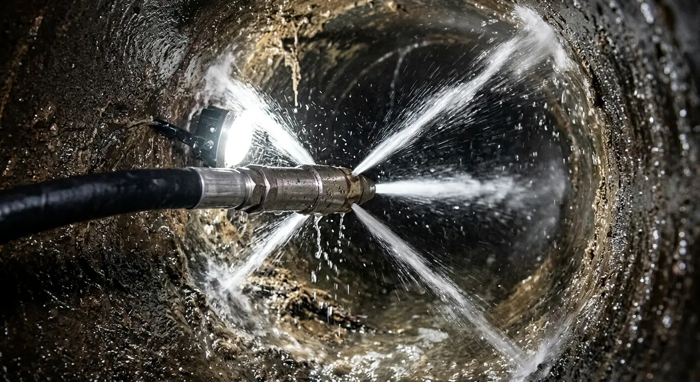 High-pressure hydro jetting nozzle cleaning sewer pipe for Trenchless Sewer Repair in Paramount