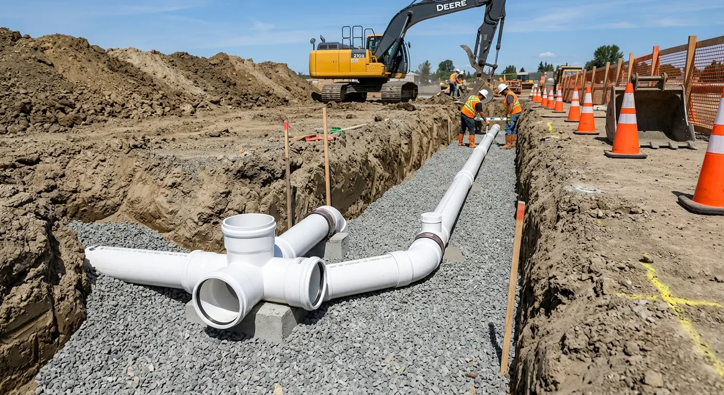New PVC sewer pipe installation in open trench for Sewer Camera Inspection in Paramount