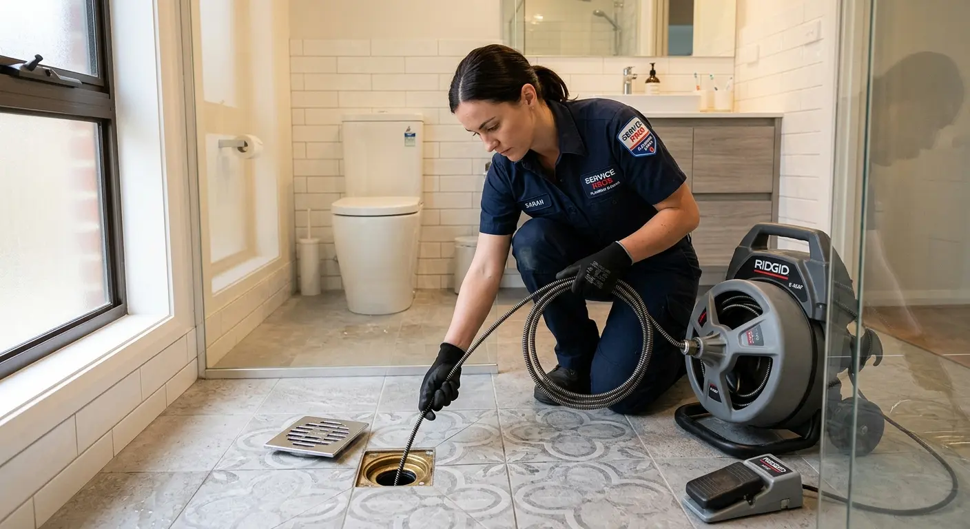 Technician clearing a bathroom floor drain for Hydro Jetting in Paramount